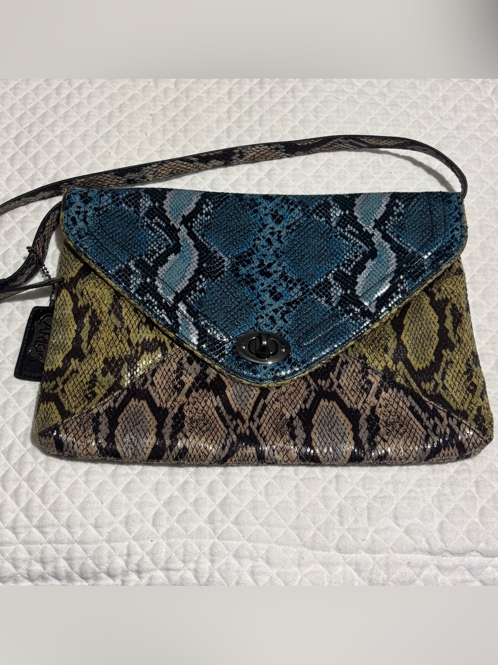 Carlos Santana Multicolor Snakeskin Clutch/Shoulder Bag in Teal, Olive & Taupe